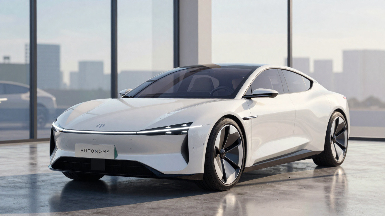Weißes, elektrisches Sportcoupé mit futuristischem Design in einem modernen Showroom.