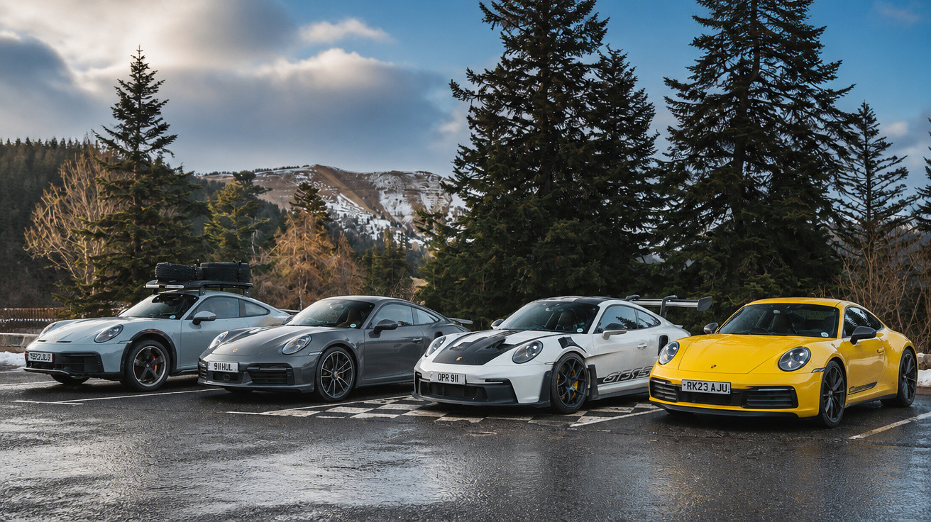 Vier Porsche-Sportwagen in verschiedenen Farben auf asphaltierter Fläche vor bewaldeten Bergen bei bewölktem Himmel.