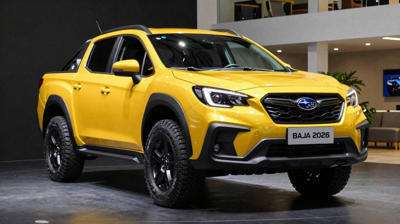 Gelber Subaru Baja 2026 Pick-up im Ausstellungsraum mit robusten Reifen und modernem Design.