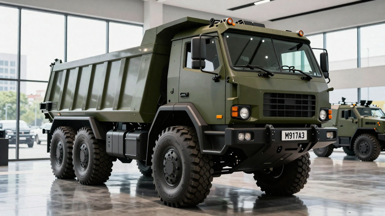 Grüner militärischer Muldenkipper mit sechs Rädern in moderner Ausstellungshalle auf glänzendem Boden.