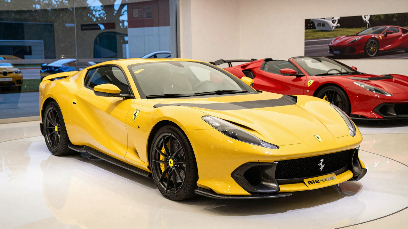 Gelber Ferrari-Sportwagen in einem Ausstellungsraum mit zwei roten Sportwagen im Hintergrund.