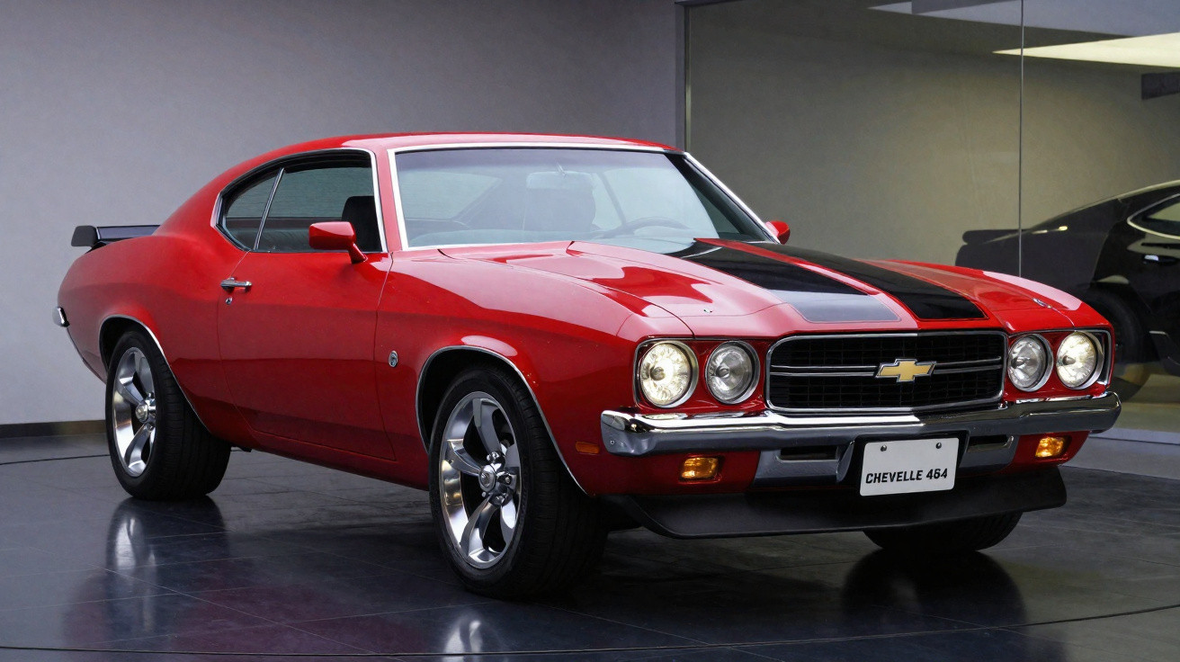 Roter Chevrolet Chevelle 454 Muscle-Car mit schwarzen Streifen, glänzenden Felgen und markantem Frontgrill in Ausstellungshal