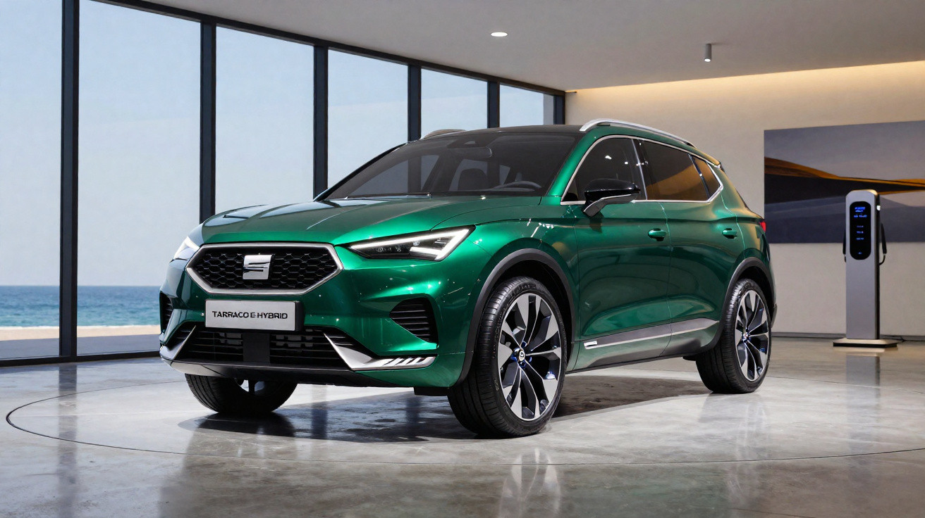 Grüner SEAT Tarraco E-Hybrid SUV steht in modernem Showroom mit großen Fenstern und Meerblick.