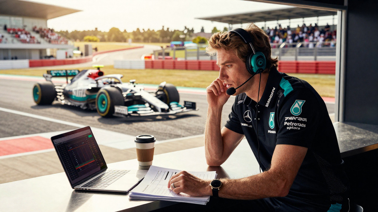 Formel-1-Teammitglied mit Headset analysiert Daten am Laptop, im Hintergrund steht ein Rennwagen an der Boxengasse.