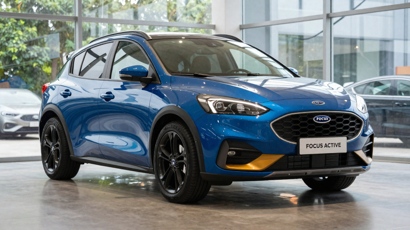 Blaues Ford Focus Active Auto im Showroom mit schwarzen Felgen und großem Kühlergrill.