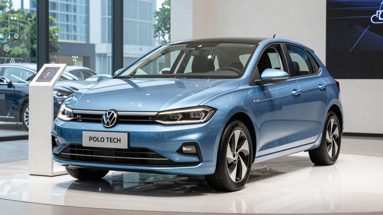 Blauer Volkswagen Polo Tech in Ausstellungshalle mit moderner Architektur im Hintergrund.