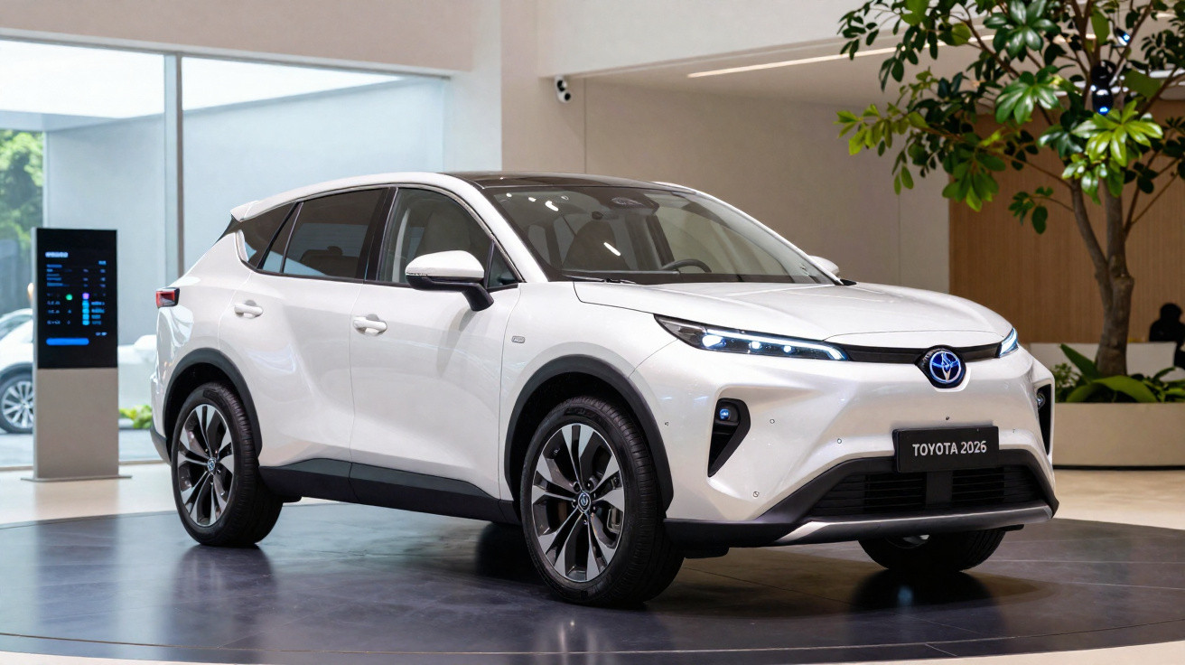Weißer Toyota SUV 2026 Modell in einem modernen Ausstellungsraum mit großen Fenstern und Pflanzen.