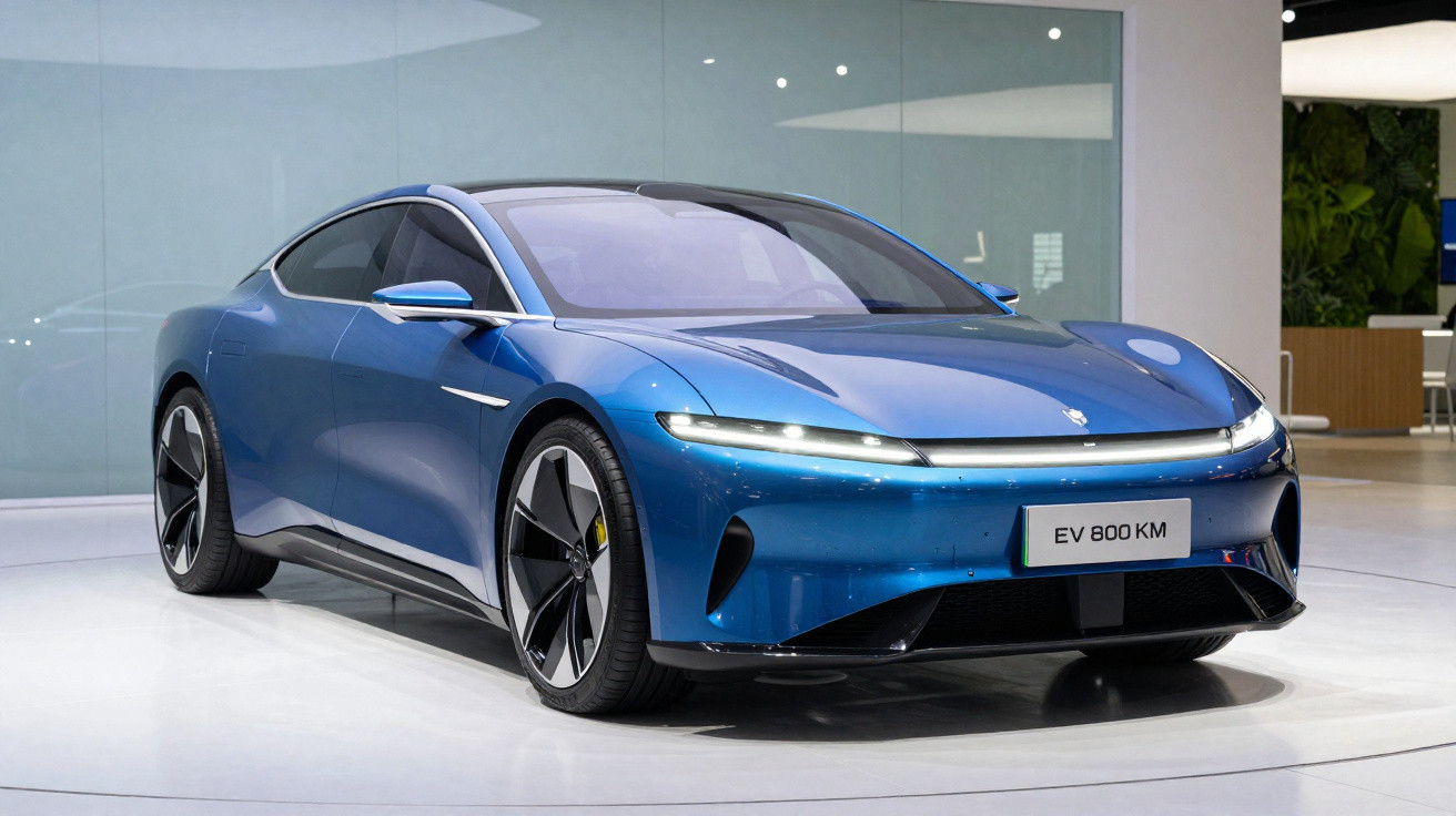 Blauer moderner Elektroauto-Sportwagen mit leuchtender Front in Ausstellungsraum.