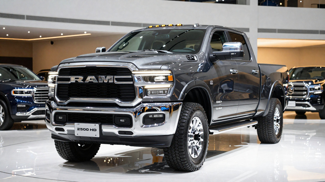 Grau-schwarzer RAM 2500 HD Pickup Truck präsentiert in heller Ausstellungshalle, neben weiteren Fahrzeugen.