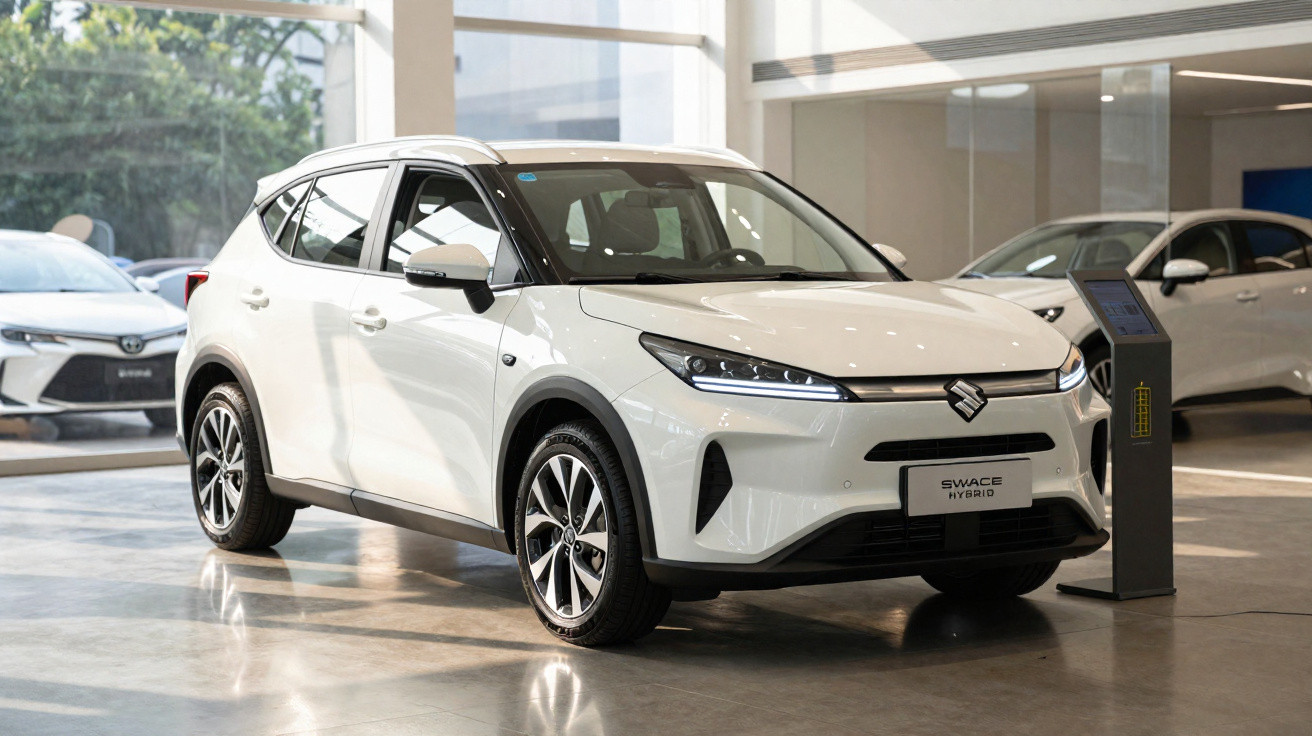 Weißer Suzuki Swace Hybrid SUV im Autohaus vor Ladestation stehend, moderne Architektur im Hintergrund.