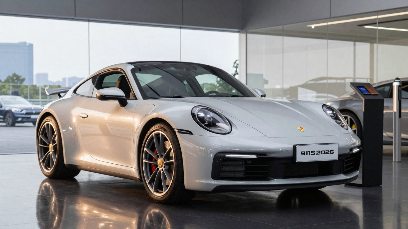 Silberner Porsche 911 Sportwagen 2026 im Showroom mit spiegelndem Boden und moderner Architektur im Hintergrund.