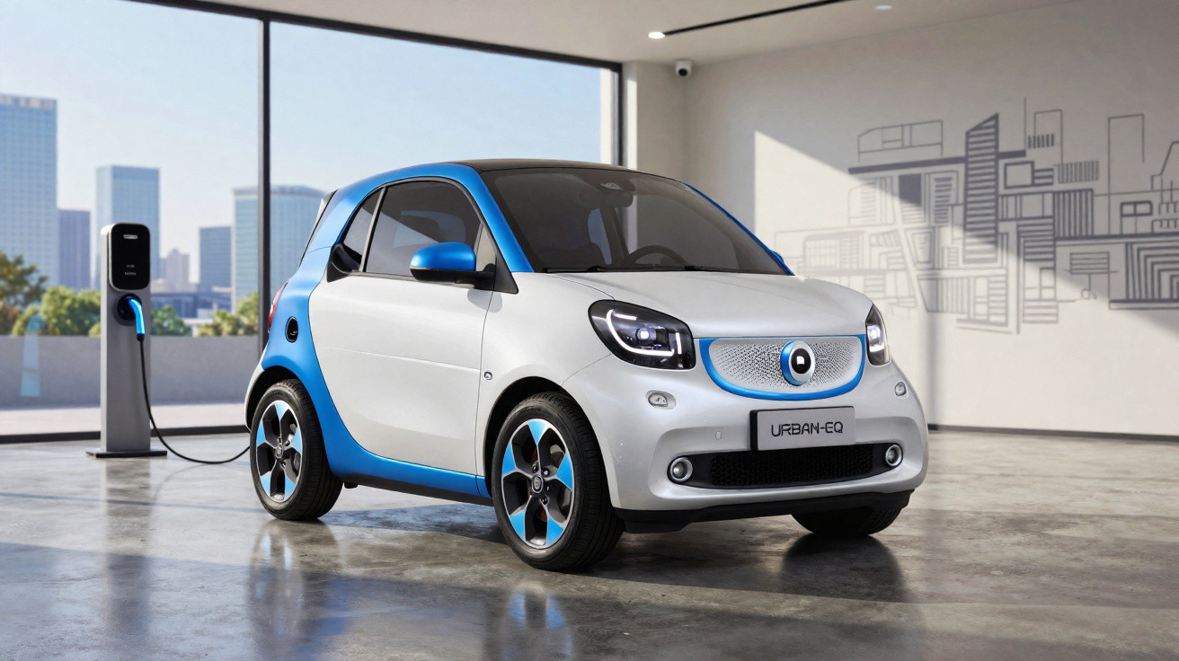 Kleiner weiß-blauer Elektro-Kleinwagen Urban-EQ, der an Ladestation in moderner Garage geladen wird.