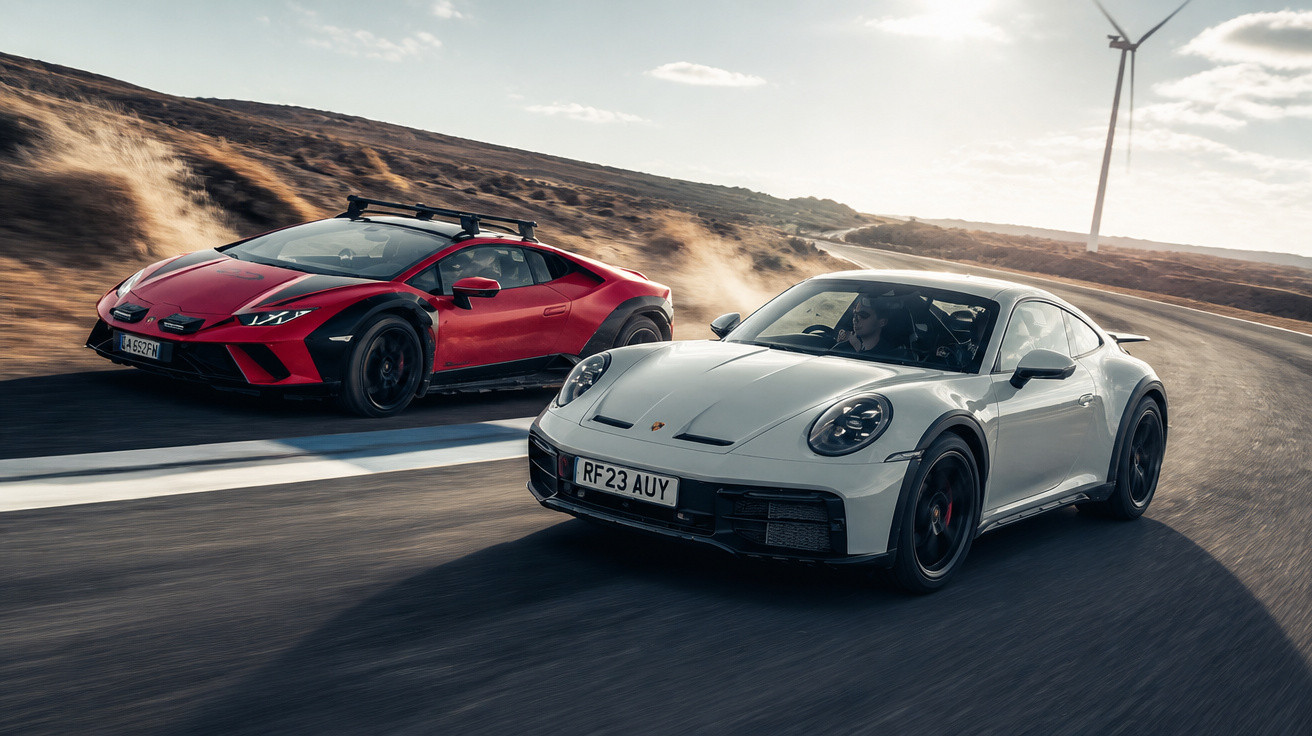 Weißer Porsche 911 und roter Lamborghini Huracán fahren auf einer kurvigen Landstraße bei sonnigem Wetter.