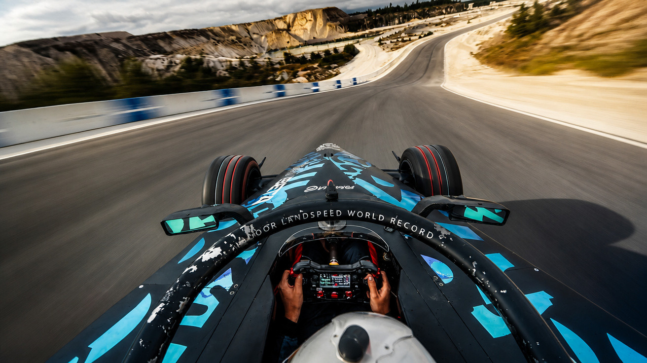 Blick aus einem Formel-1-Auto während der Fahrt auf einer Rennstrecke in bergiger Landschaft.