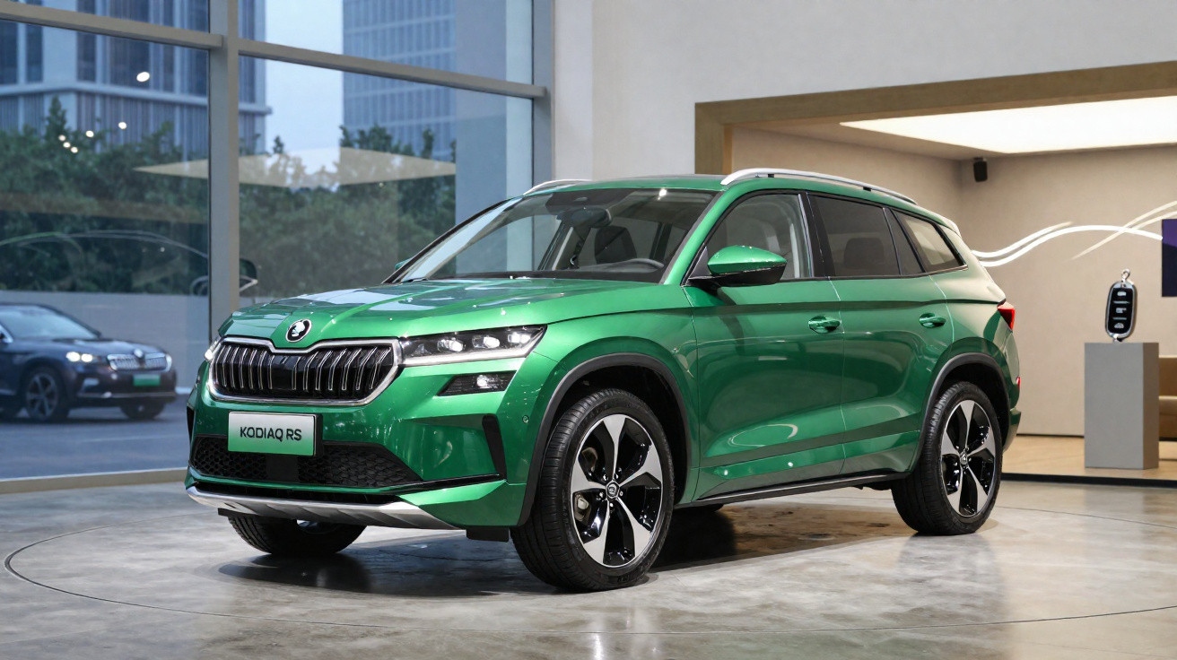 Grüner Škoda Kodiaq RS SUV in Ausstellung mit großen Fenstern und moderner Innenarchitektur.