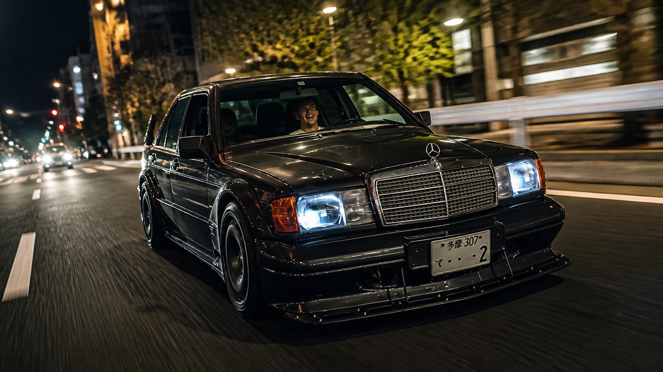 Schwarzer Mercedes der 80er Jahre fährt nachts schnell auf einer Stadtstraße mit eingeschalteten Scheinwerfern.