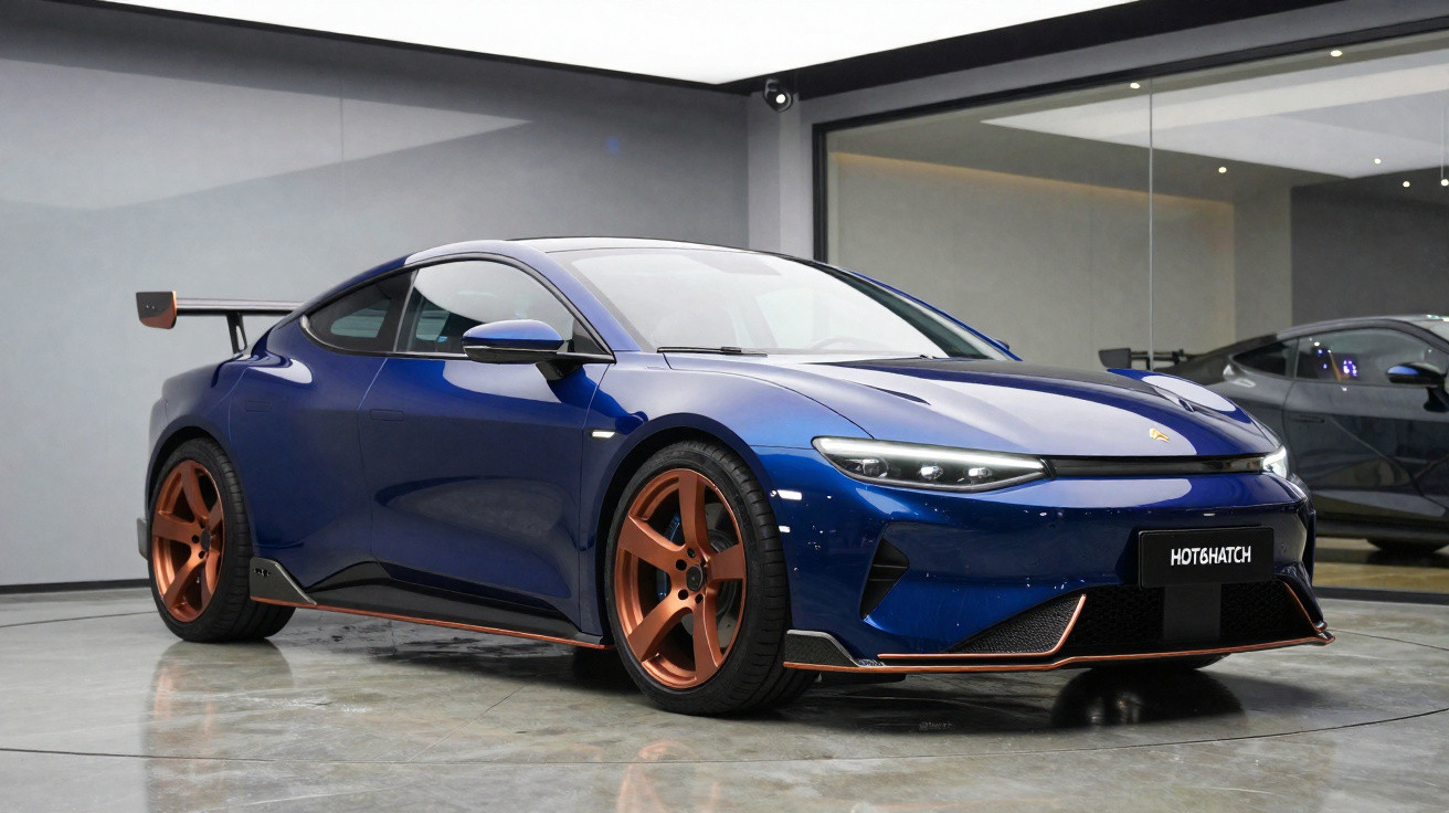 Blaues Sportcoupé mit kupferfarbenen Felgen und Heckspoiler in modernem Showroom auf glattem Boden.
