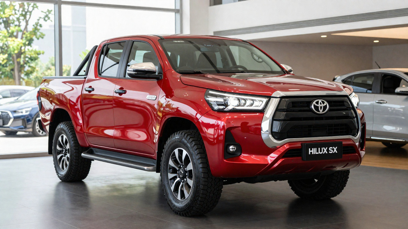 Roter Toyota Hilux SX Pickup im Innenraum eines Autohauses, Front- und Seitenansicht.