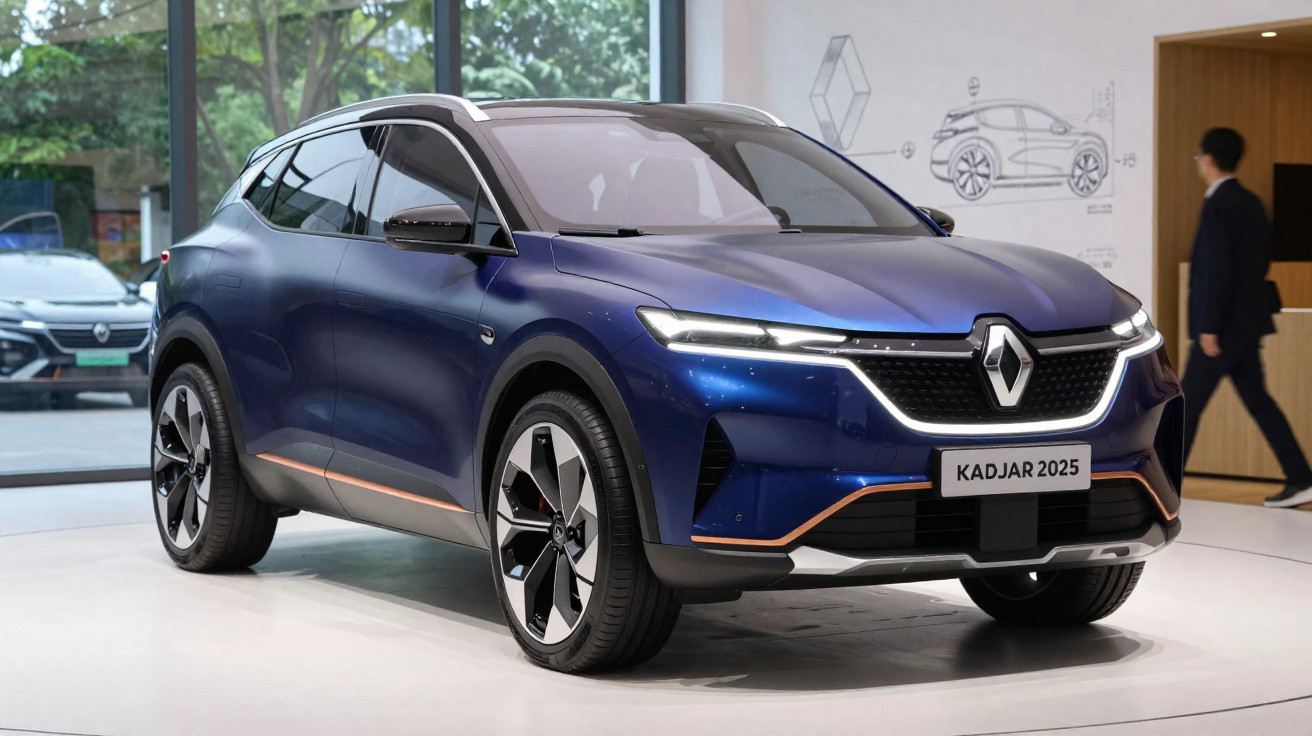 Blaues Renault Kadjar SUV Modell 2025 auf Messe, modernes Design mit LED-Scheinwerfern und großem Kühlergrill.