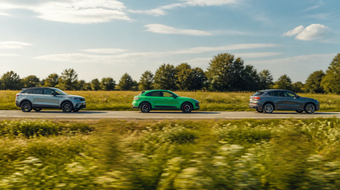 Drei moderne SUVs fahren nebeneinander auf Landstraße, umgeben von grünen Feldern und Bäumen bei blauem Himmel.