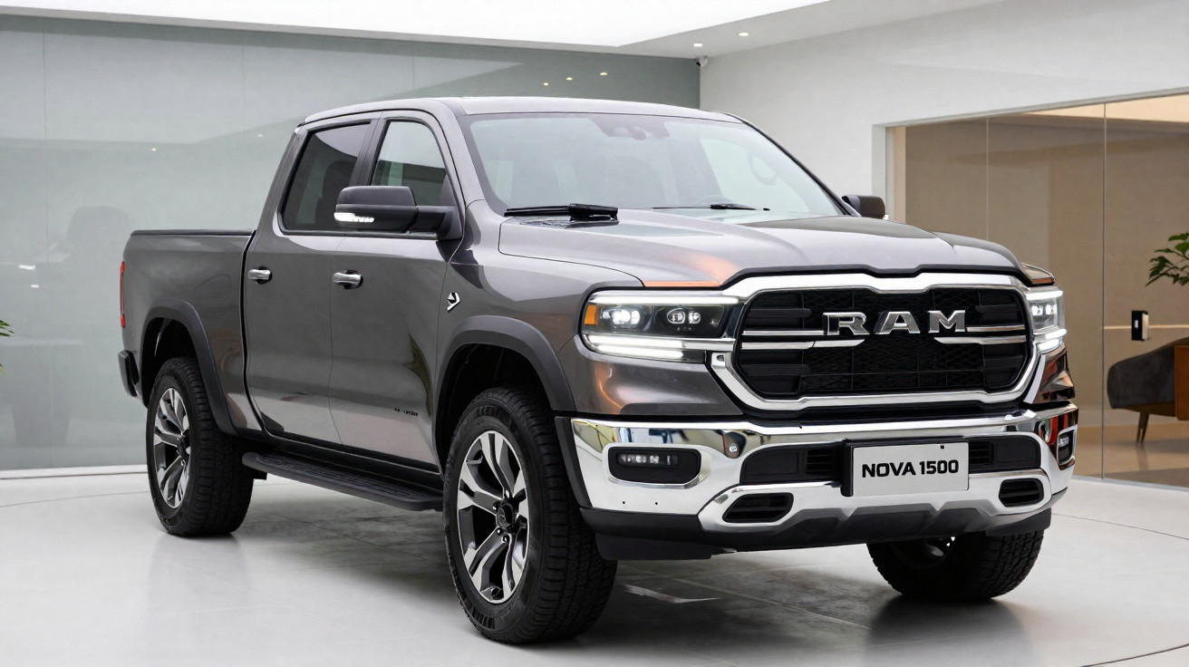 Grauer RAM Nova 1500 Pickup-Truck in modernem Showroom von vorne seitlich.