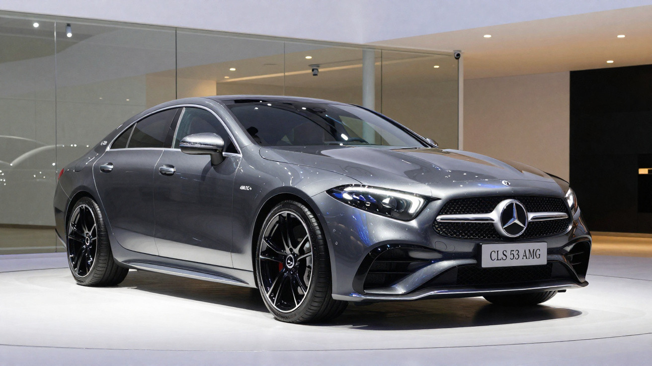 Silberner Mercedes-Benz CLS 53 AMG Sportwagen auf Ausstellungsplattform in modernem Showroom.