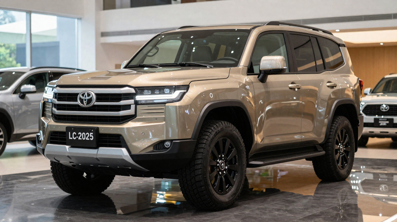 Beiger Toyota SUV LC-2025 in einem modernen Autohaus mit schwarzem Rad-Design, Frontansicht leicht seitlich.