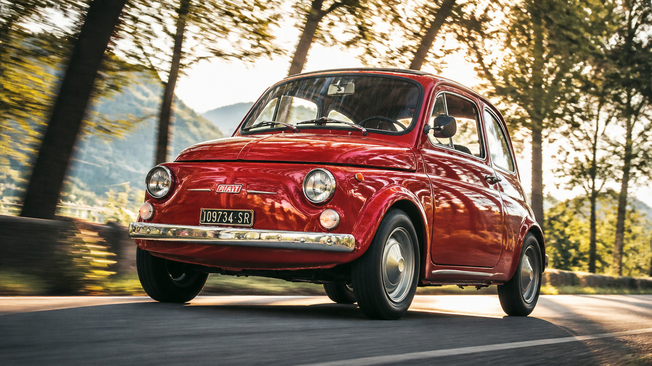 Roter Fiat 500 Oldtimer fährt auf kurviger Landstraße mit Bäumen und Bergen im Hintergrund.
