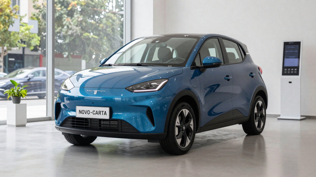 Blauer Novo-Carta Elektro-Kleinwagen in modernem Ausstellungsraum mit großen Fenstern und Pflanzen