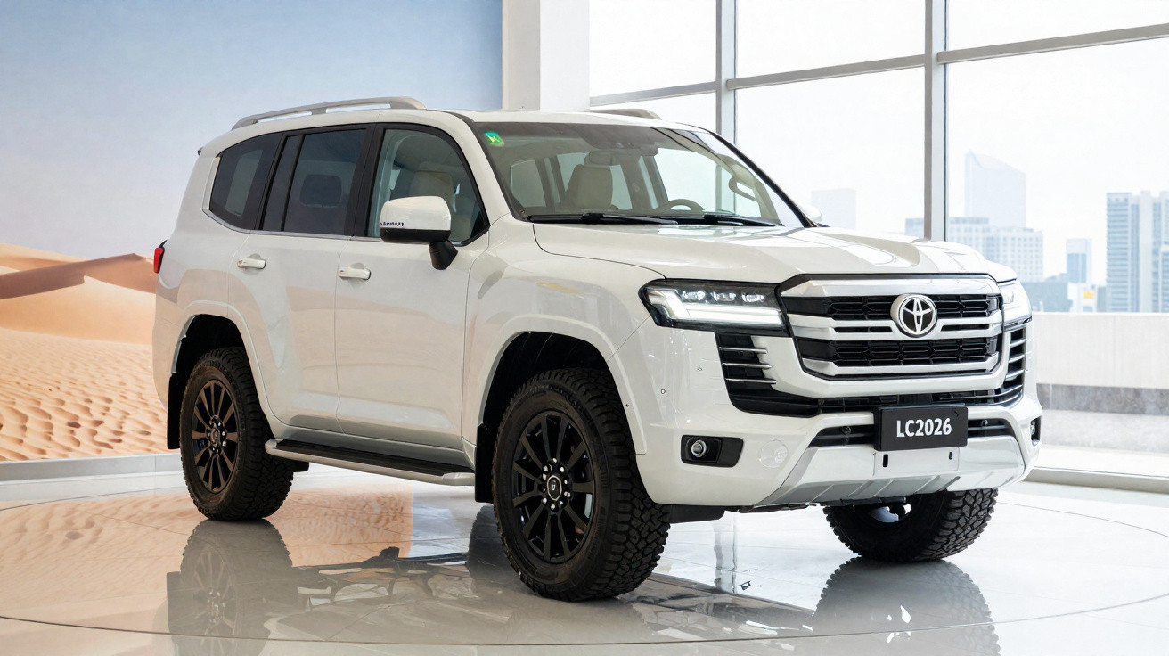 Weißer Toyota SUV LC2026 mit schwarzen Felgen in modernem Ausstellungsraum vor Fenstern
