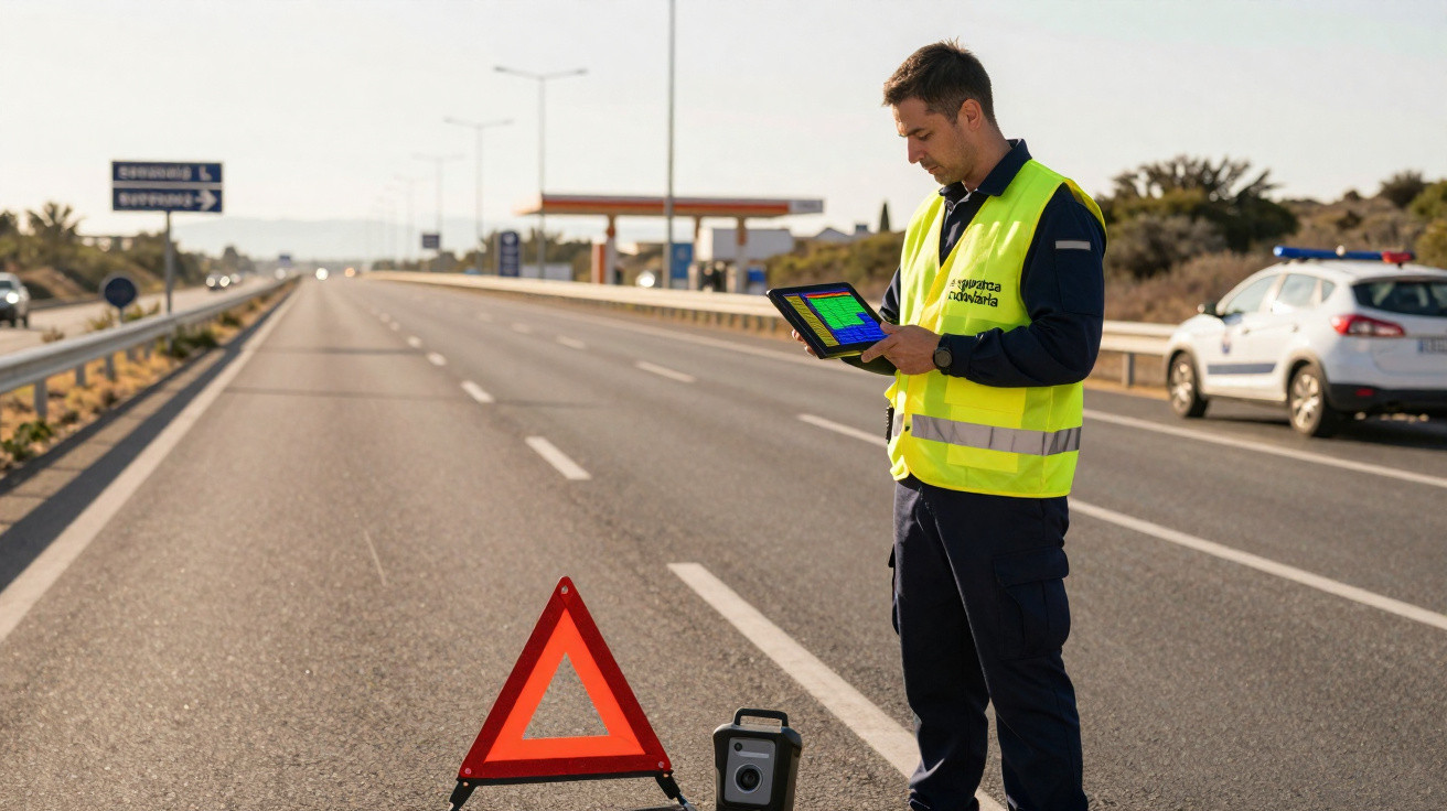 Polizeibeamter in Warnweste steht auf Autobahn neben Warndreieck und Technikgerät, nutzt Tablet.