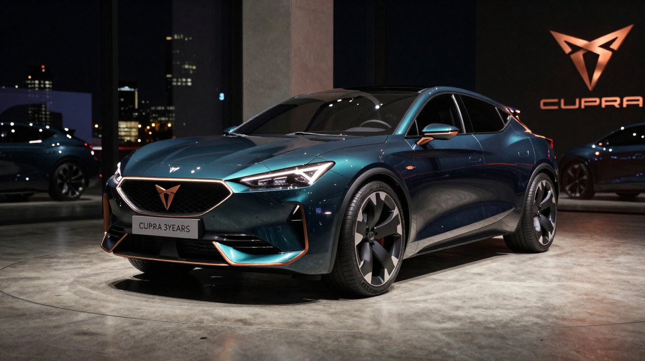 Dunkelblauer sportlicher Cupra SUV mit modernen Scheinwerfern und markantem Kupfer-Design im Ausstellungsraum.