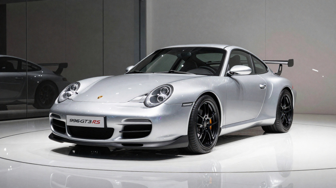 Silberner Porsche 996 GT3 RS Sportwagen in Ausstellung mit schwarzen Felgen und großem Heckspoiler.