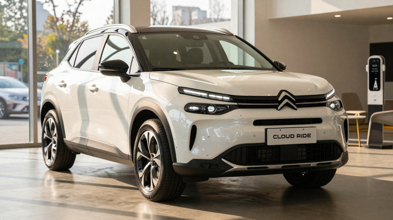 Weißer Citroën Cloud Ride SUV steht in modernem Autohaus bei Tageslicht.