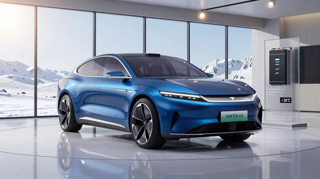 Blauer Tesla Winter-Elektrowagen in modernem Ausstellungsraum mit Panoramafenstern und verschneiten Bergen im Hintergrund