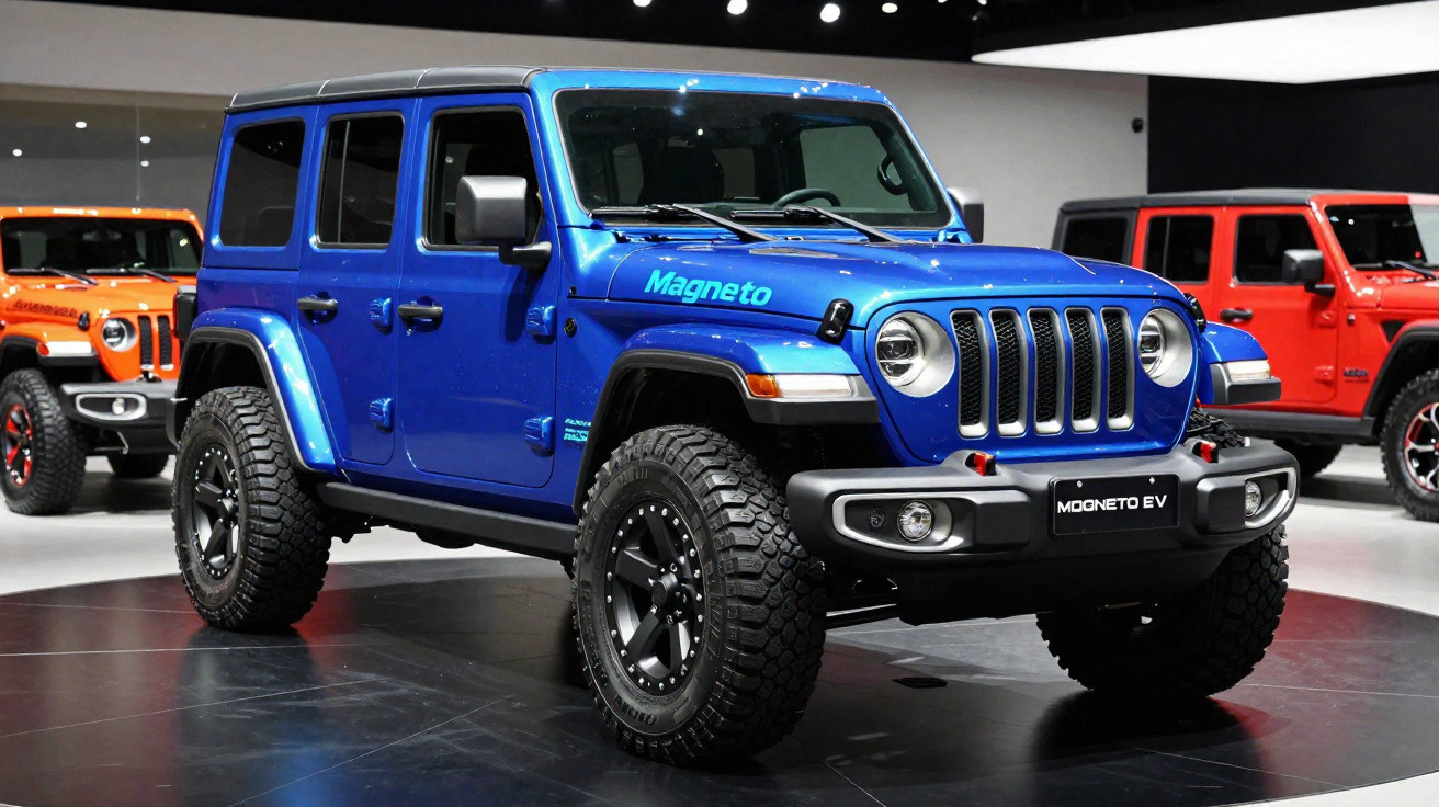 Blauer Magneto EV Jeep mit Geländereifen auf Autoshow, im Hintergrund orange und rote Fahrzeuge.