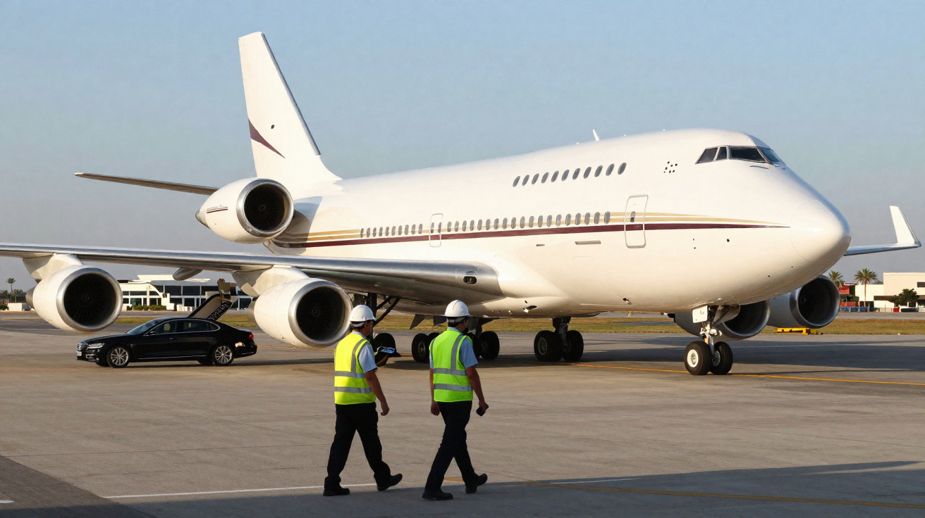 Großes weißes Privatflugzeug auf Startbahn mit zwei Sicherheitsmitarbeitern im Vordergrund.