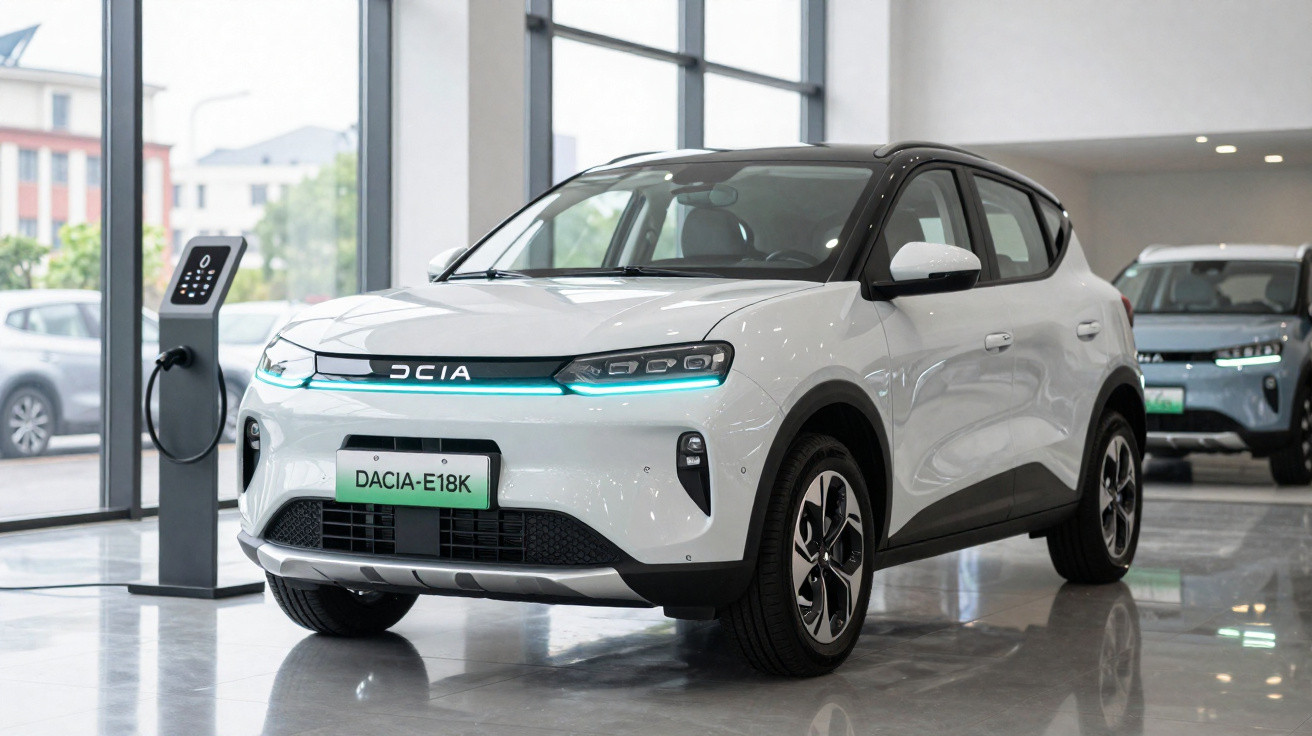 Weißes elektrisches SUV Dacia E18K steht in einem Showroom neben Ladestation.