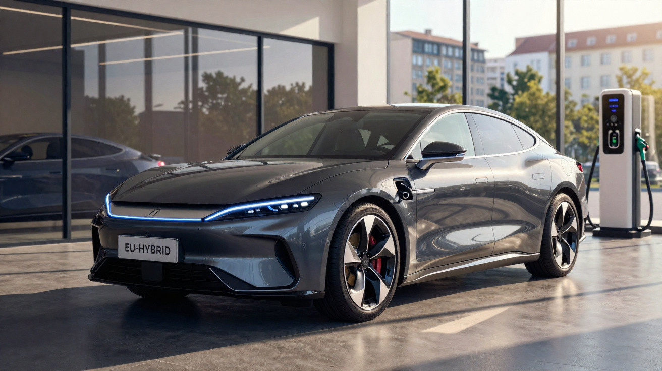 Graues Hybrid-Elektroauto an Ladesäule in moderner, lichtdurchfluteter Garage mit Stadtblick.
