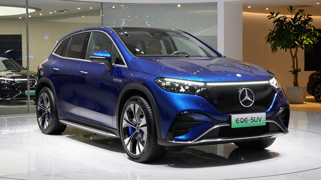 Blauer Mercedes EQE SUV auf weißem Boden in einem modernen Showroom mit Pflanzen.