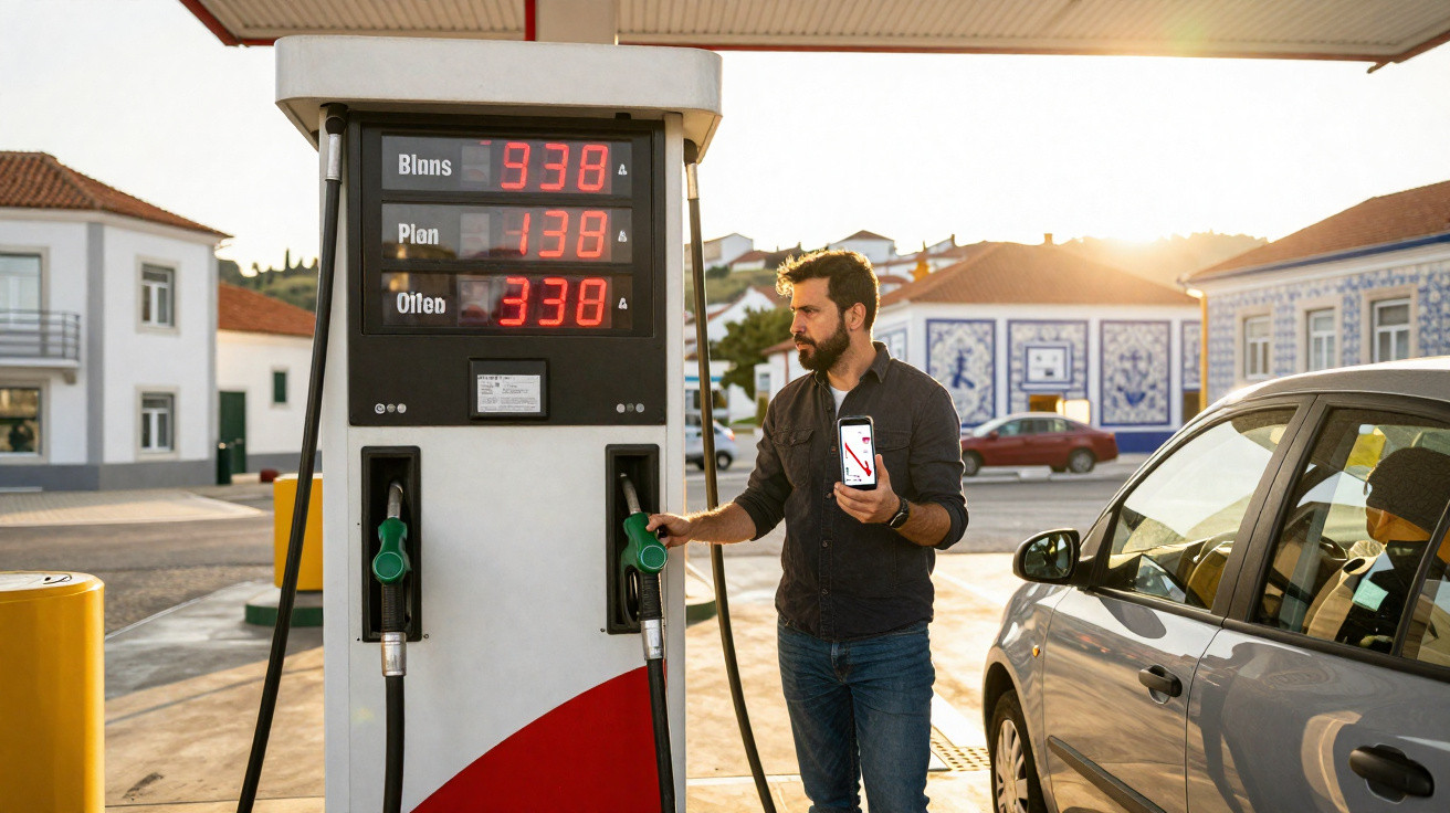 Mann mit Smartphone tankt Auto an Zapfsäule an einer Tankstelle bei Sonnenuntergang.