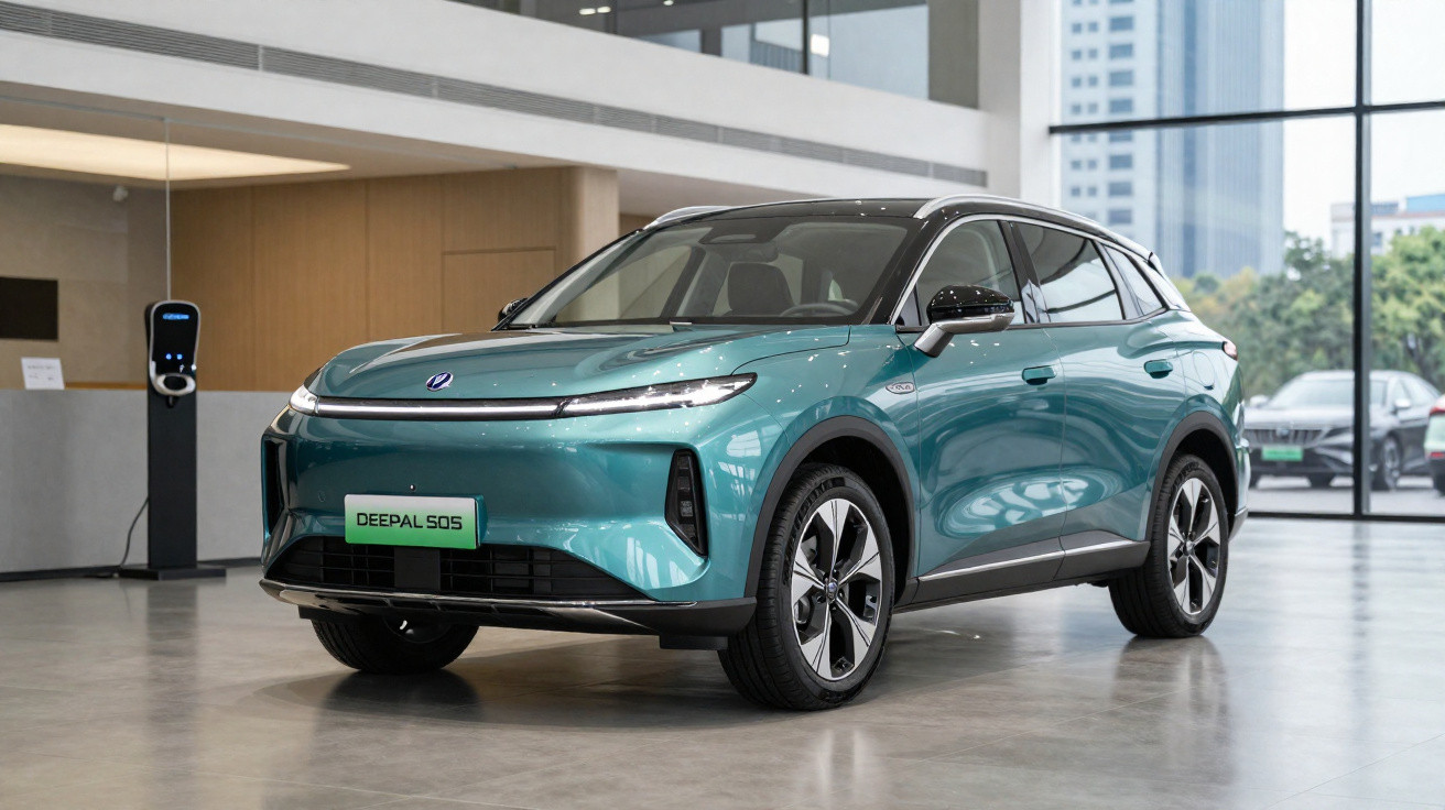 Blauer Deepal S05 Elektro-SUV in einer modernen Ausstellungshalle mit großen Fenstern.