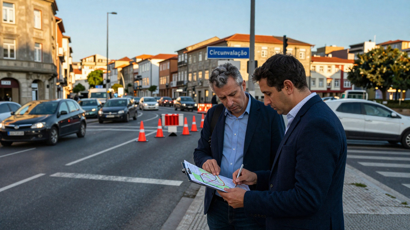 Zwei Männer in Anzügen prüfen einen Stadtplan an einer vielbefahrenen Straße mit Baustellenmarkierungen.