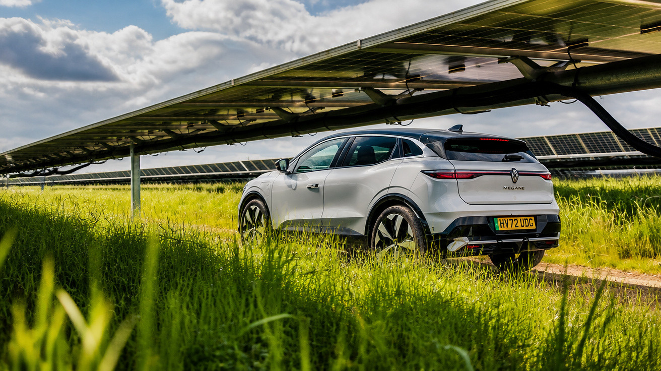 Weißer Renault Megane E-Tech parkt unter Solarpanelen auf grünem Feld bei bewölktem Himmel.