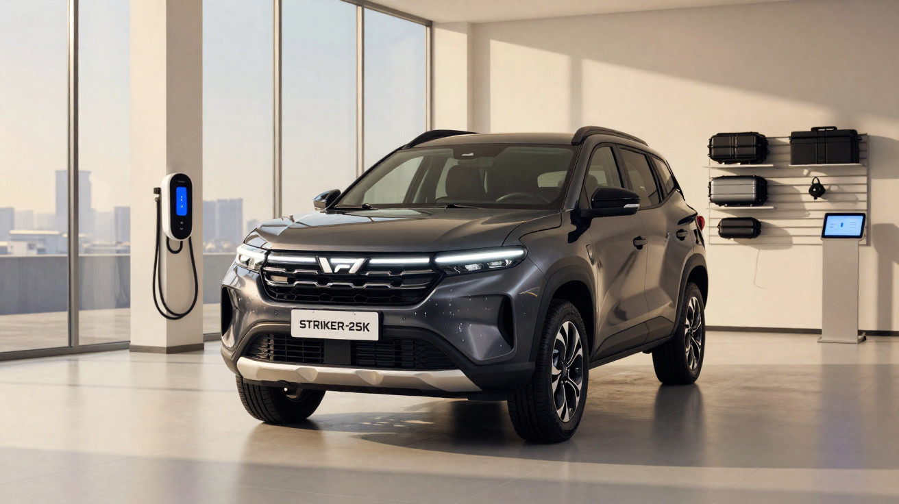 Grauer Elektro-SUV Wuling Striker-25K in modernem Raum mit Ladestation und Technikzubehör an der Wand.