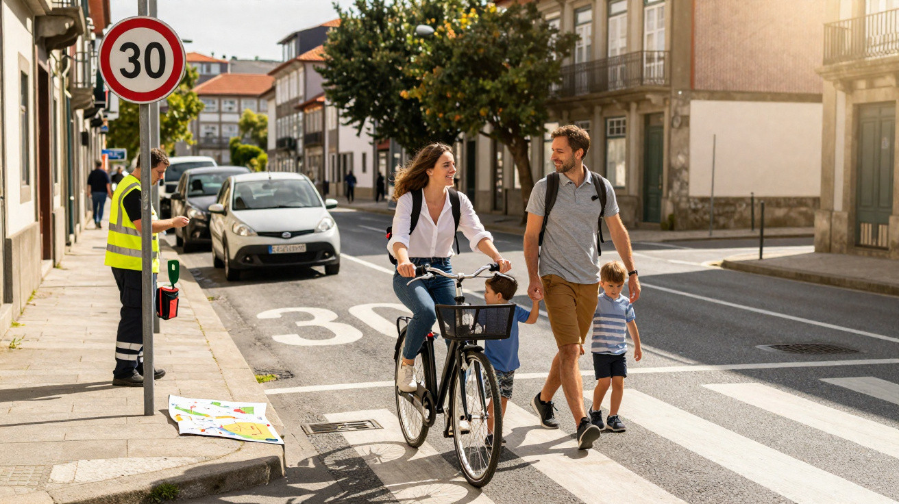 Familie mit zwei Kindern überquert Fußgängerüberweg, Frau fährt Fahrrad, 30 km/h Verkehrsschild sichtbar.