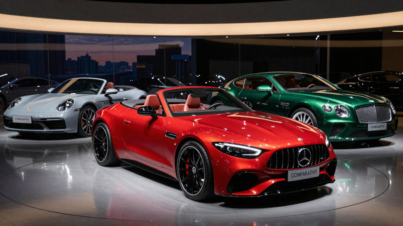 Roter Mercedes AMG Cabrio, grüner Bentley und weißer Porsche 911 als Ausstellungsfahrzeuge in Showroom.