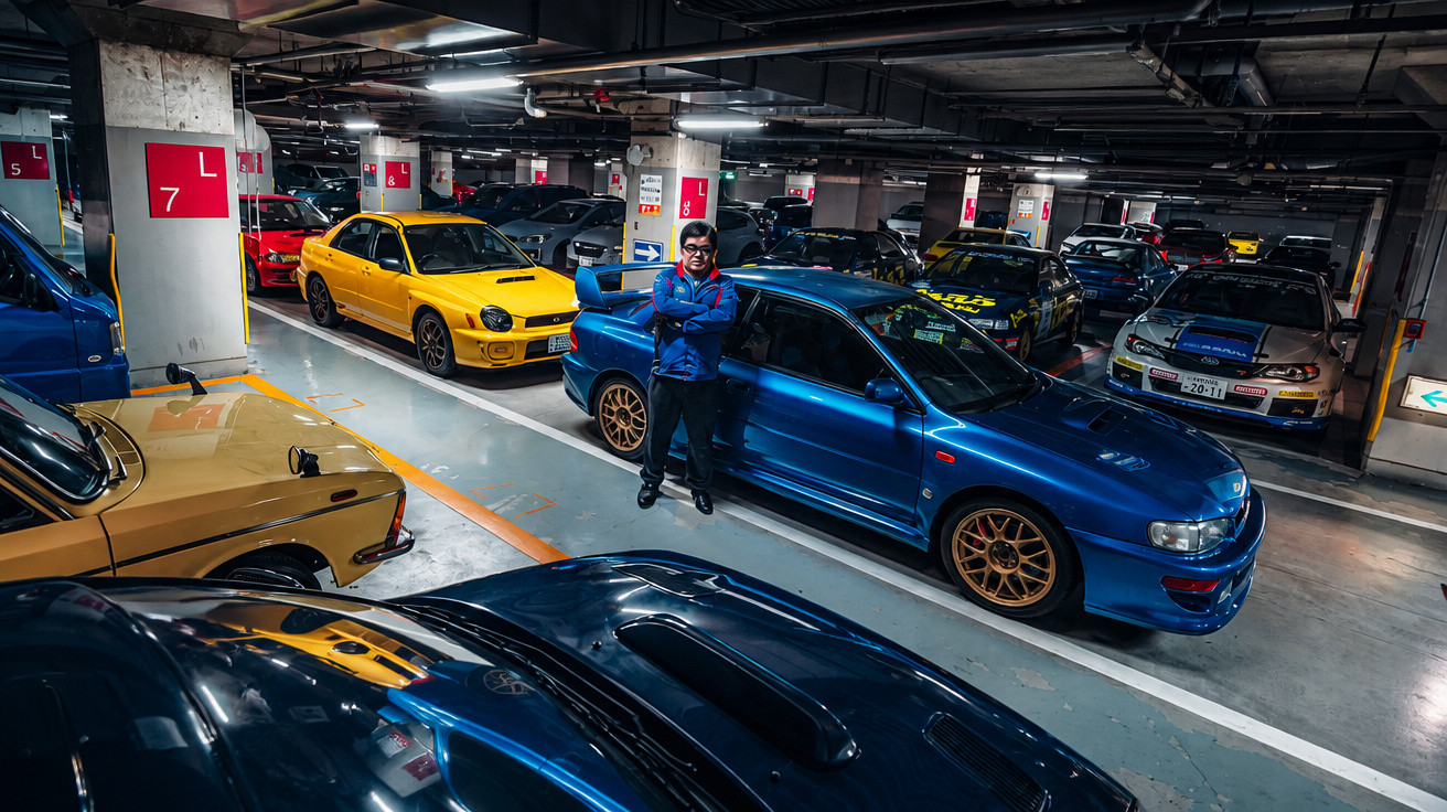 Parkgarage mit mehreren sportlichen Autos, darunter ein blauer Wagen mit Fahrer, der daneben steht.