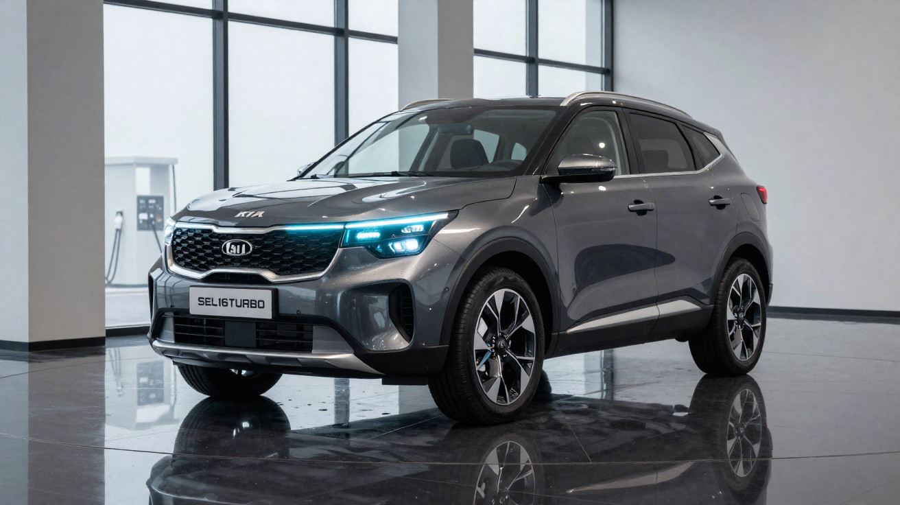 Grauer Kia Seltos SUV mit LED-Scheinwerfern in modernem, hellem Ausstellungsraum stehend.