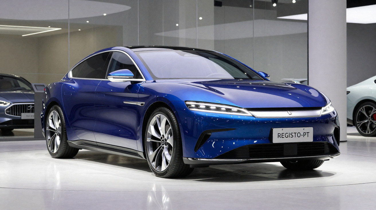 Blauer moderner Elektro-Sportwagen mit LED-Scheinwerfern in einem Ausstellungsraum.